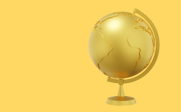 Foto globo terra em um carrinho ícone de desenho minimalista de ouro em fundo amarelo com espaço para renderização de texto 3d