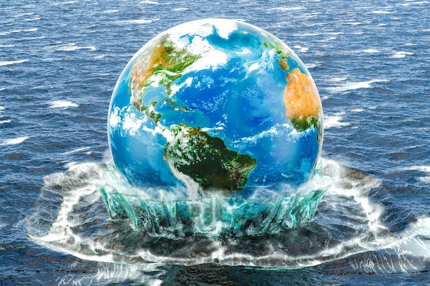 Globo terráqueo en el agua Salvar la representación 3D del concepto mundial