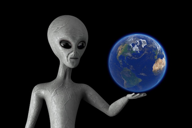 Globo terráqueo azul Planeta sobre mano alienígena humanoide gris aterrador Representación 3d