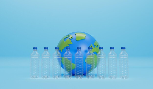 Globo terráqueo con botellas de plástico vacías Concepto de contaminación plástica global Representación 3D