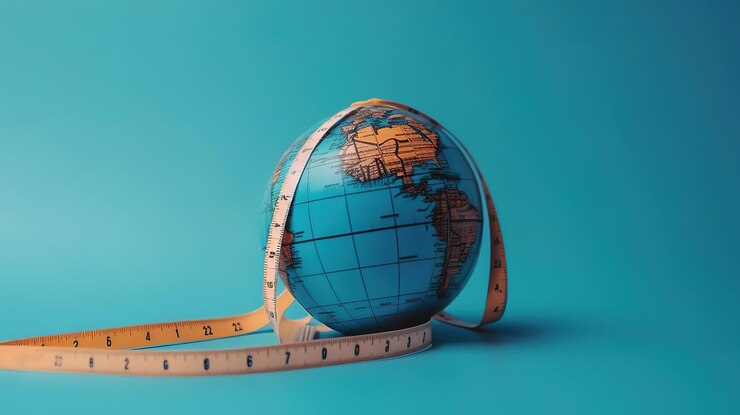 Globo terráqueo y cinta métrica sobre un fondo azul Ai generativo
