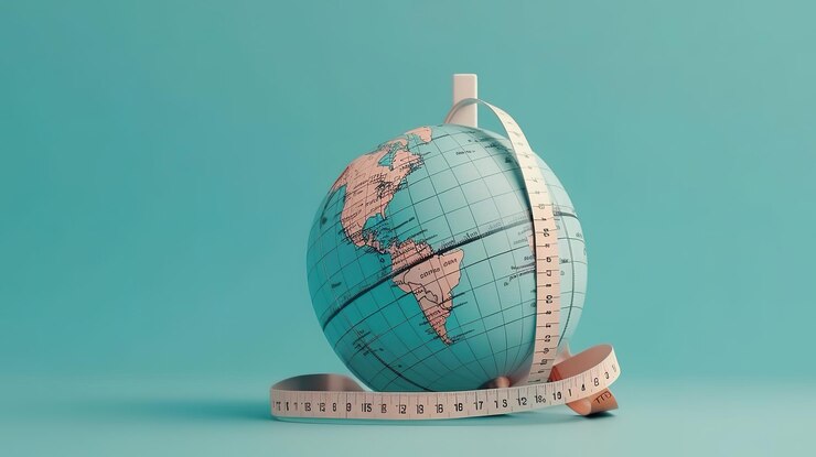 Globo terráqueo y cinta métrica sobre un fondo azul Ai generativo