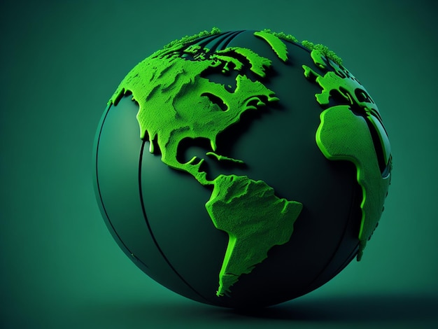 Globo terráqueo con continentes verdes sobre un fondo verde 3d render