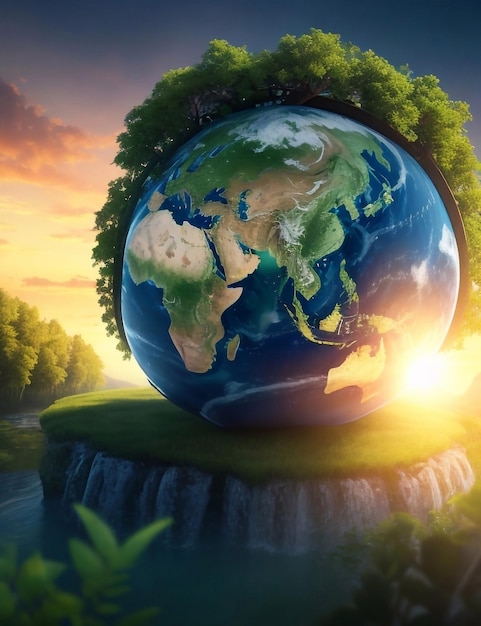 Globo terráqueo Día del Árbol Medio ambiente salvar el concepto de ecología del planeta limpio Banner del Día de la Tierra con copia