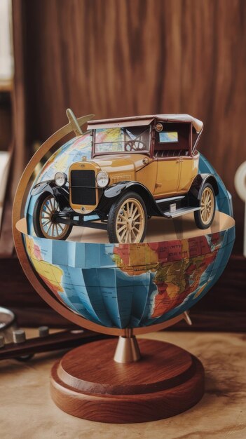 Globo terráqueo estilo papel con coche.