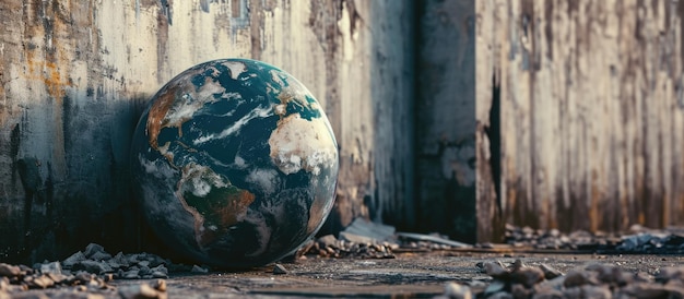 Foto globo terráqueo en una fábrica abandonada el concepto de contaminación ambiental