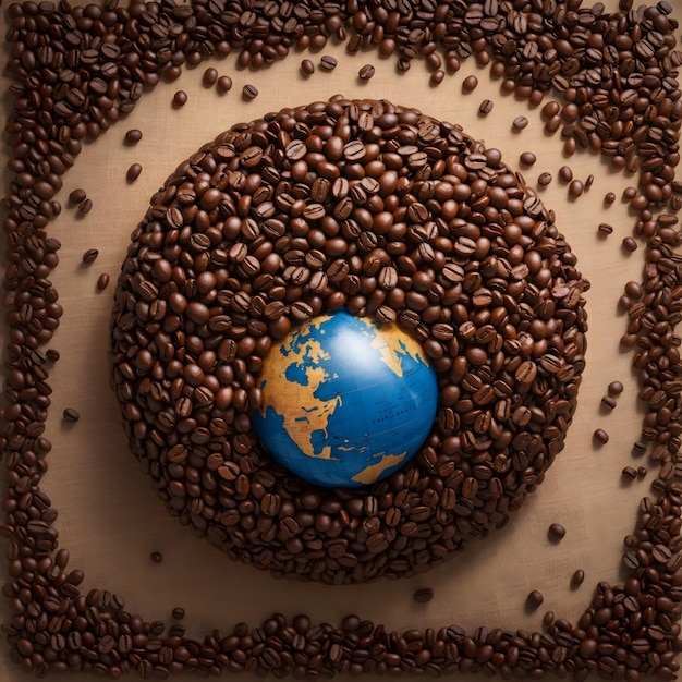 Un globo terráqueo de granos de café con cada grano representando una cultura diferente celebrando Internacional