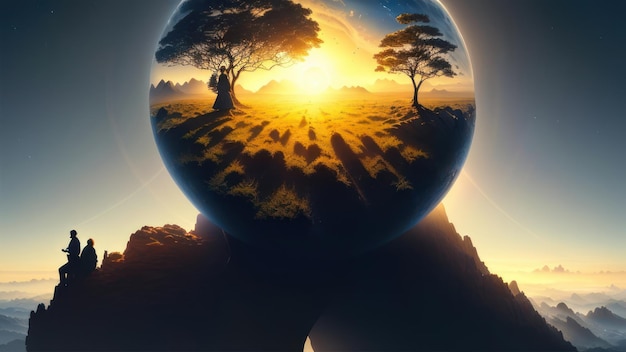 Un globo terráqueo con una puesta de sol y árboles
