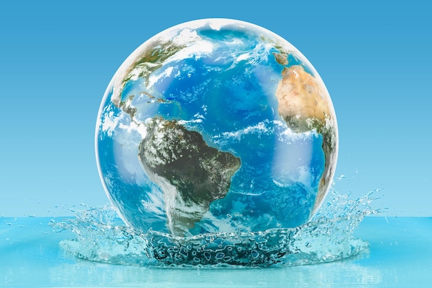 Foto globo terráqueo con salpicaduras de agua en la representación 3d del fondo azul