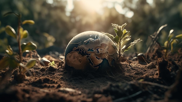 Un globo terráqueo en el suelo del que crece una planta