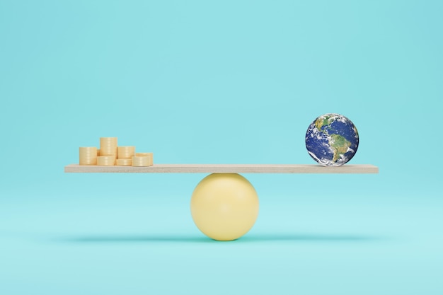 Globo terráqueo vs moneda en escalas Ilustración 3D. Equilibrio a escala. Elementos de esta imagen proporcionada por la NASA