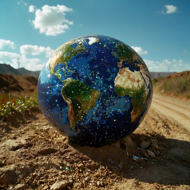 Foto un globo terrestre en un camino con nubes y hierba un viaje hacia un futuro más verde