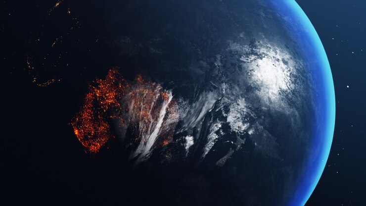 Foto globo terrestre com mapa da austrália totalmente queimado e em chamas