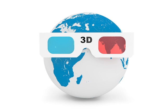 Globo terrestre com óculos 3D em um fundo branco