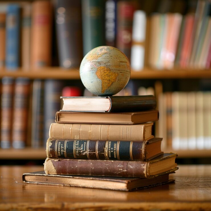 Globo terrestre en libros apilados y en el fondo una estantería llena de libros Concepto de educación