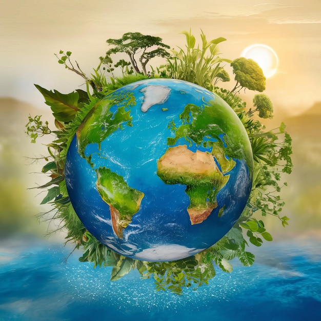 un globo con la tierra en él y la hierba verde a su alrededor