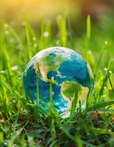 Globo de la tierra mundial en el campo de hierba Día Internacional de la Tierra Concepto de calentamiento global