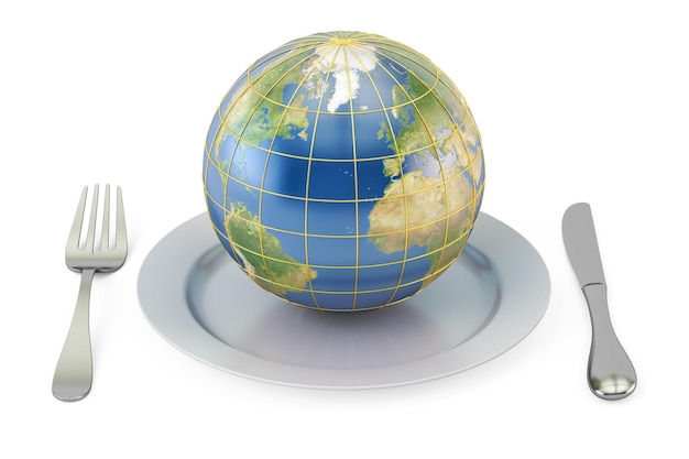 Globo de la Tierra en un plato con tenedor y cuchillo Concepto de cocina internacional Rendering 3D