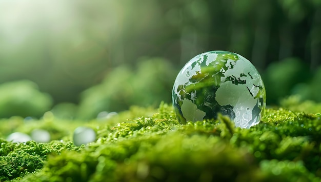 Globo de la tierra de vidrio cristalino en la hierba verde de musgo Día Mundial del Medio Ambiente cuidado ecológico