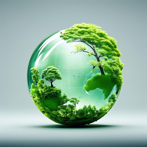 Un globo verde con los árboles y el concepto de ecología un concepto de día de la tierra y el agua de un mundo agradable