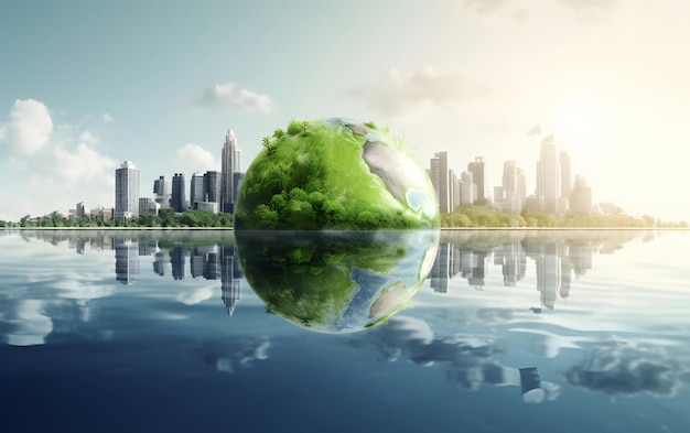 Un globo verde está en el agua con una ciudad al fondo.