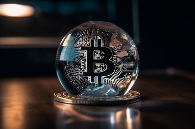 Globo de vidrio con bitcoin en la mesa Concepto de criptomoneda