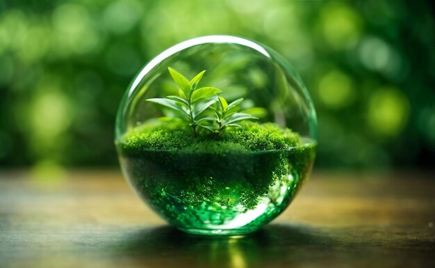 Un globo de vidrio con una pequeña planta verde concepto del Día Mundial del Medio Ambiente