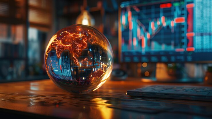Globo de vidrio que muestra datos del mercado de valores en un entorno de oficina de negociación