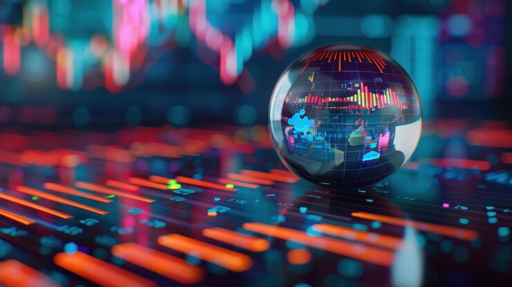 Globo de vidrio que refleja las coloridas tendencias del mercado de valores y los datos financieros