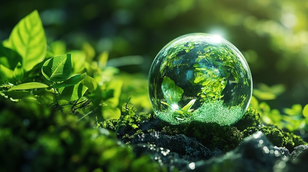 Foto globo de vidrio sobre fondo de musgo verde concepto de medio ambiente y ecología renderizado en 3d