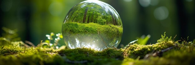 Globo de vidrio sobre musgo verde en la naturaleza concepto para el medio ambiente y la conservación