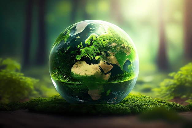 Globo de vidrio de tierra verde en el bosque Diseño generativo ai