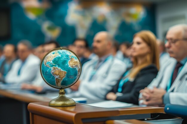 El globo vintage en el centro de atención en una conferencia internacional con diversos participantes escuchando en el fondo