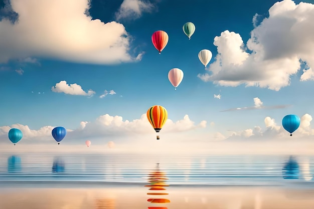 Globos aerostáticos en el cielo con el reflejo del agua.