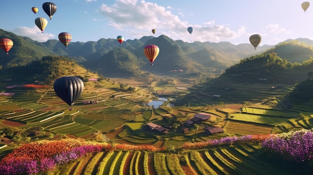 Globos aerostáticos sobre una granja con montañas al fondo