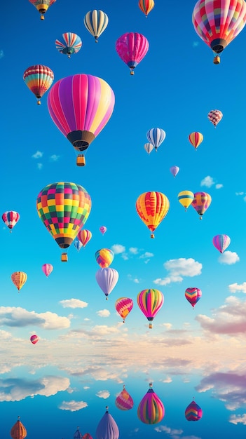 Globos aerostáticos volando alto en el cielo al atardecer renderizado 3d