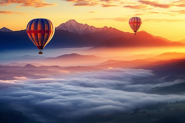 Foto globos de aire caliente al amanecer en las montañas de los balcanes
