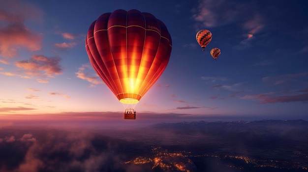 globos de aire caliente en el cielo con la puesta del sol