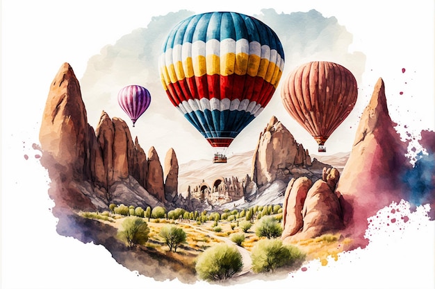 Globos de aire caliente de colores acuarela en Capadocia