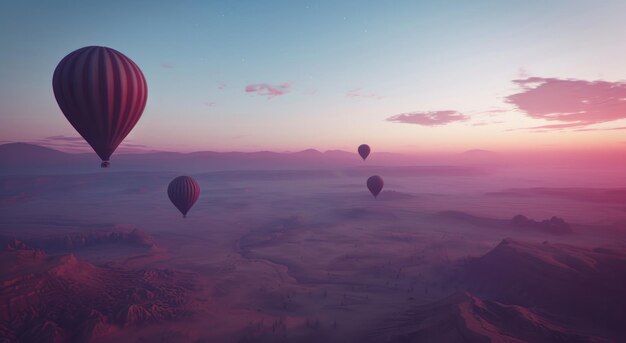 globos de aire caliente volando por encima de las altas colinas meseta amanecer globo