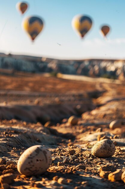 Foto globos de aire caliente volando sobre un paisaje rocoso