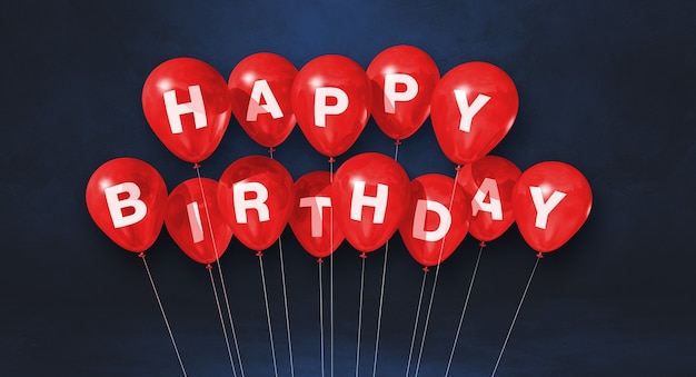 Globos de aire rojo feliz cumpleaños en una escena de fondo negro. Banner horizontal. Ilustración 3D render