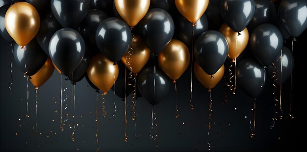 Globos amarillos y negros sobre un fondo oscuro