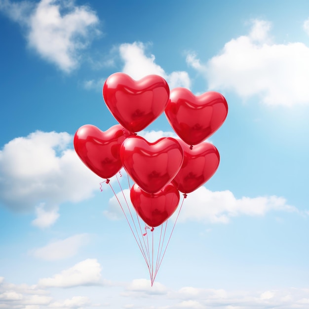 Globos de amor rojos en el aire contra un cielo azul Día de San Valentín y concepto de romance IA generativa