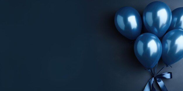 Foto globos azul oscuro sobre un fondo azul con espacio para texto, el banner es ai generativo azul oscuro