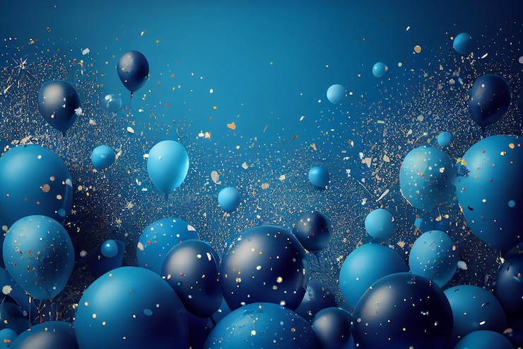 Globos azules con confeti sobre un fondo azulgenerativo ai