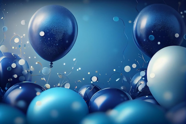 Globos azules con confeti sobre un fondo azulgenerativo ai