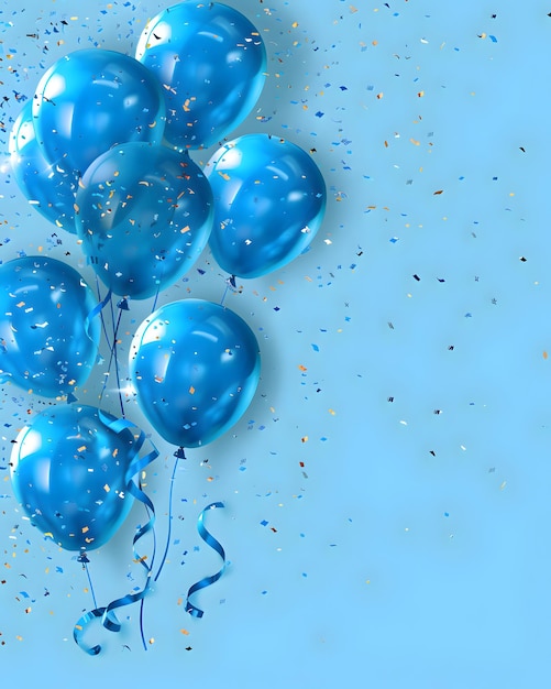 Los globos azules festivos son el diseño de fondo de la bandera de la fiesta.