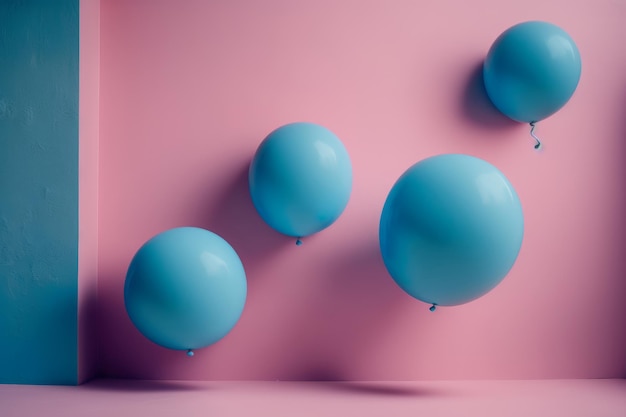 Globos azules flotando en los estudios fondo rosa pastel Ilustración AI generativo