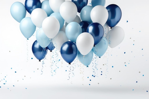 Foto globos blancos y azules y cinta de confeti con decoración festiva de aniversario y cumpleaños sobre fondo blanco.